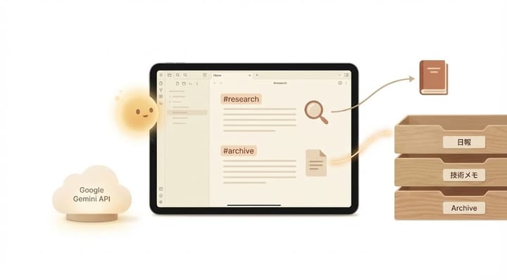 AIエージェントがObsidianファイルを分類するイメージ